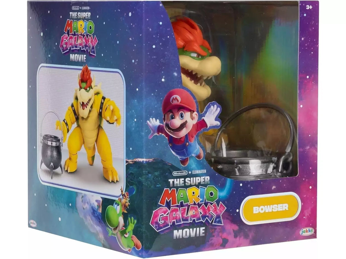 Front of the Super Mario Movie Bowser 6 inch figure packaging showing the boxed figure and cauldron accessory.