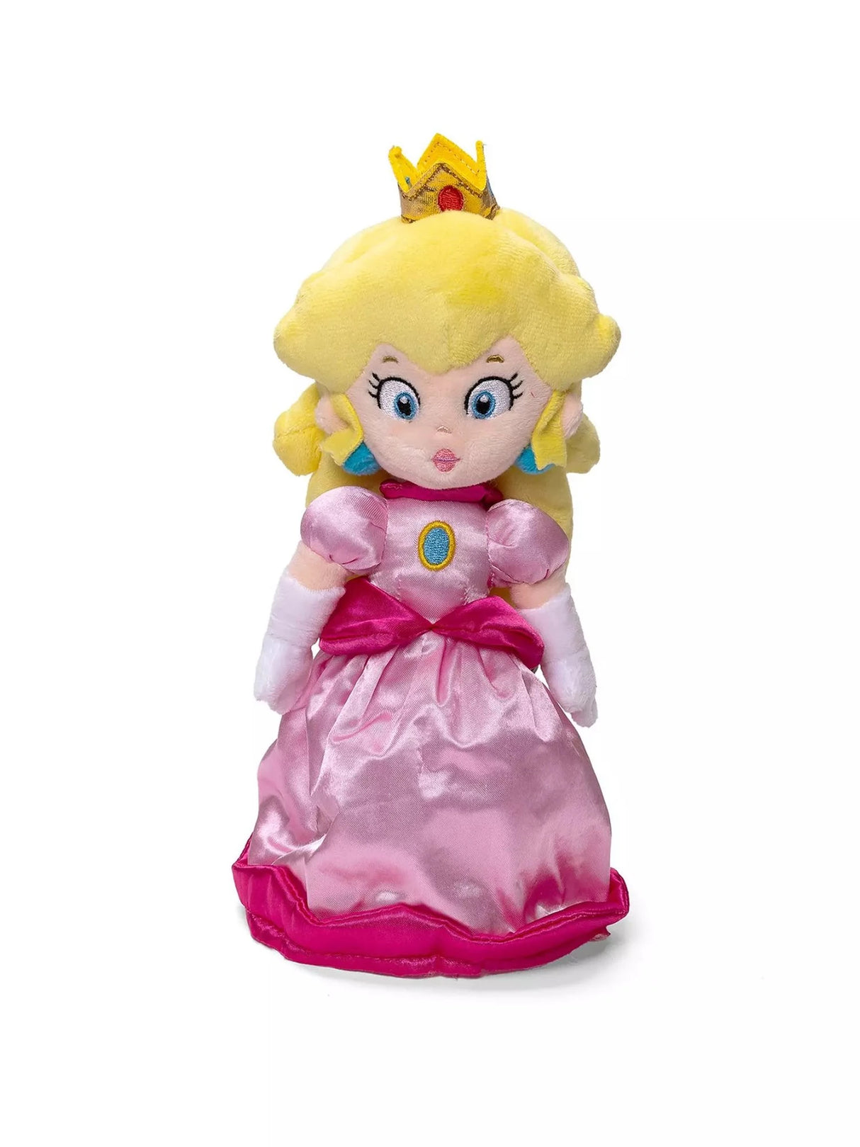 Super Mario Princess Peach plush soft toy front view, showing blonde hair, gold crown with red gem, embroidered face, pink and hot pink satin dress and white gloves