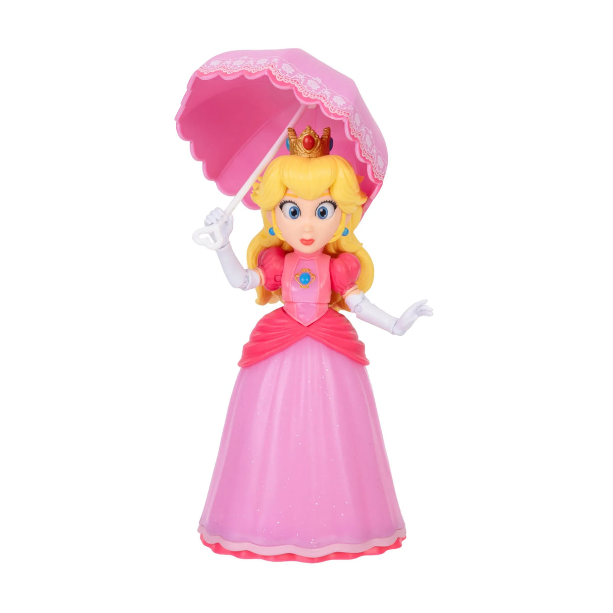 Princess Peach figure in pink dress holding the open pink parasol above her head