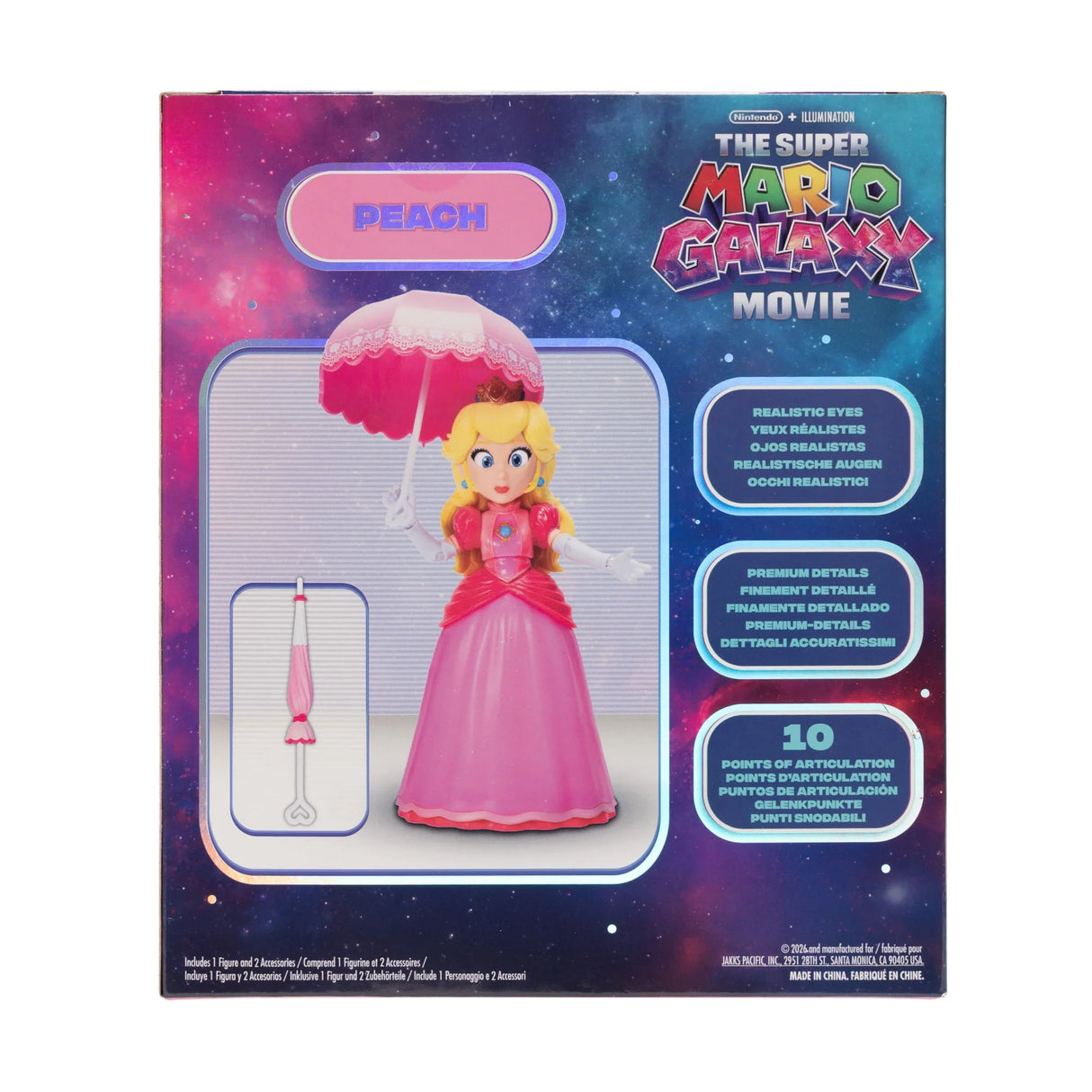 Back of The Super Mario Galaxy Movie Princess Peach packaging showing the figure with open and closed parasol accessories