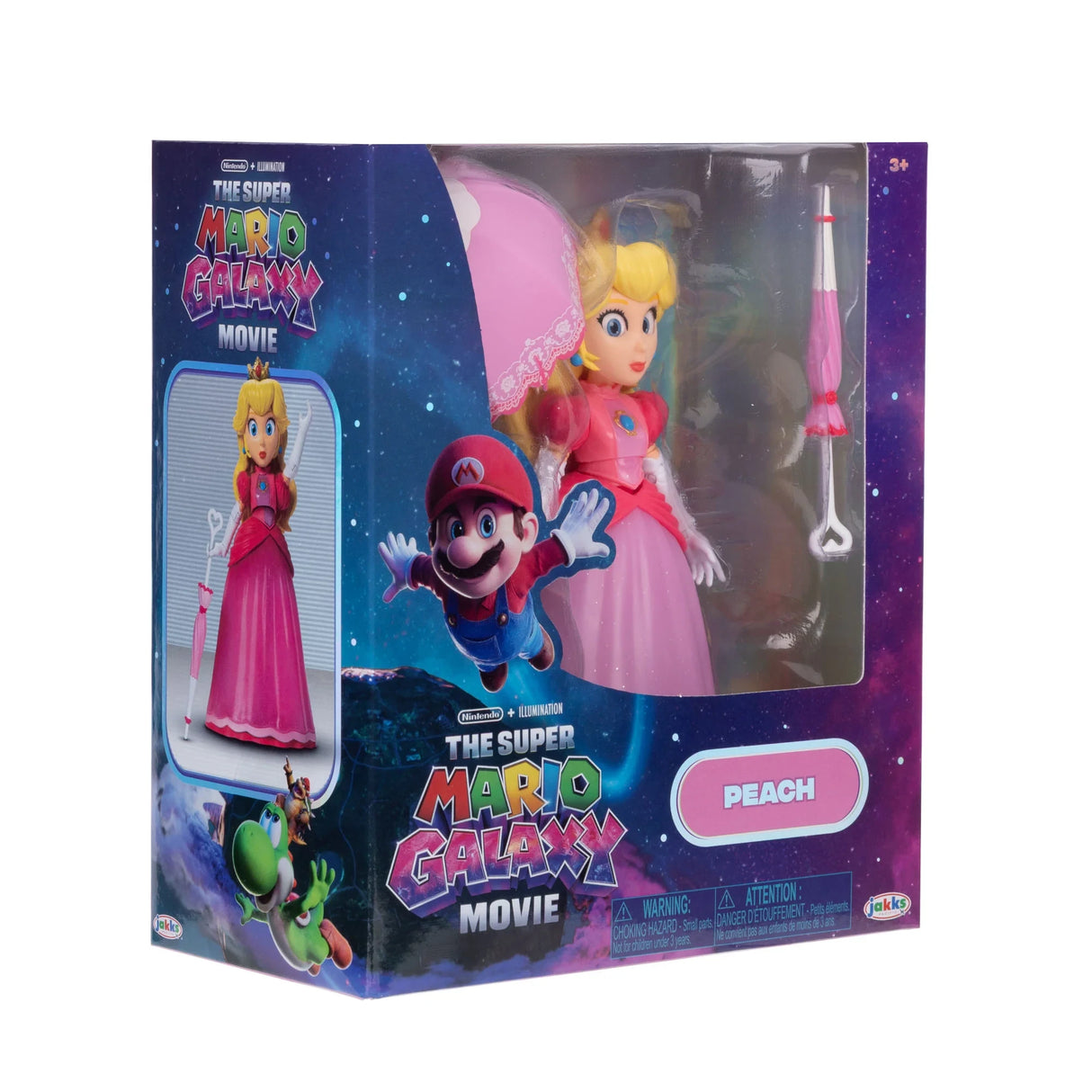 Princess Peach figure and parasol accessories in The Super Mario Galaxy Movie packaging viewed from the left