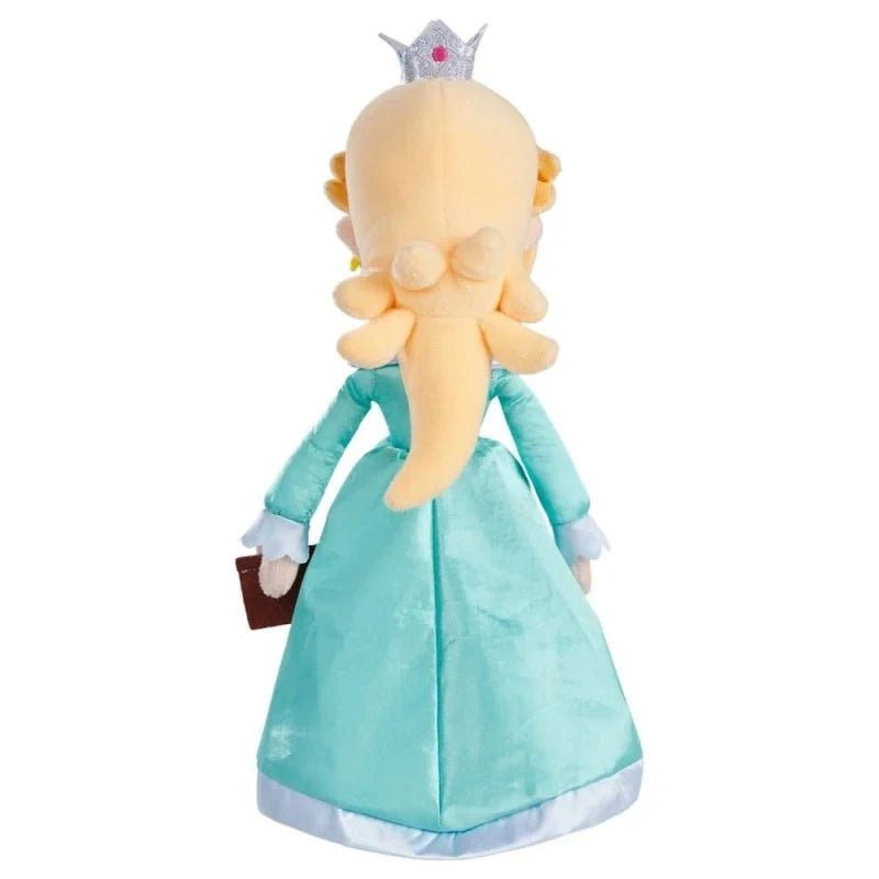Super Mario Rosalina plush showing her full-length turquoise gown, blonde hair and crown.