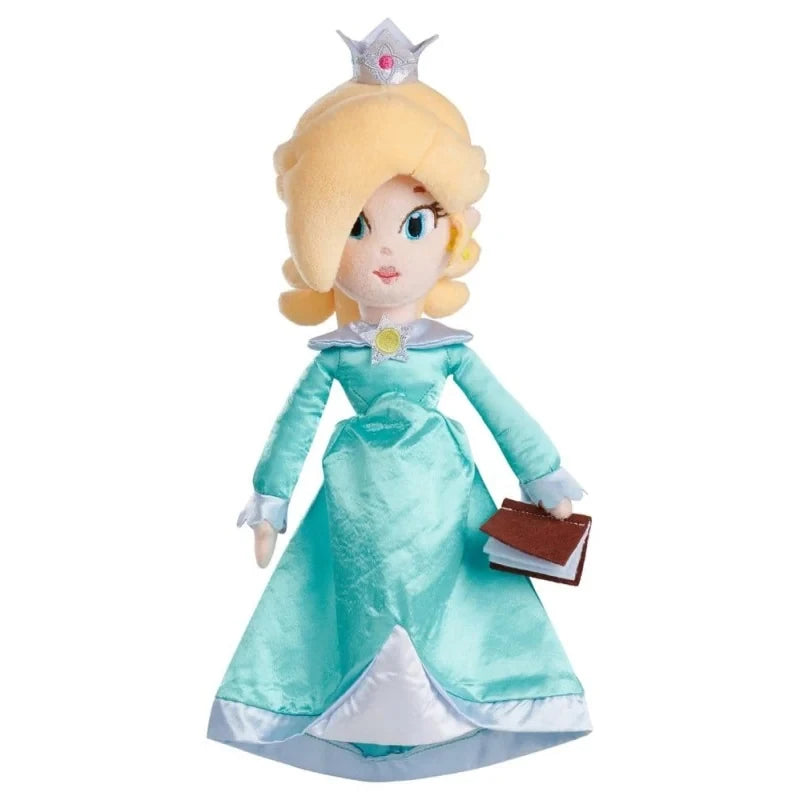 Super Mario Rosalina 27 cm soft toy with long blonde hair, silver crown and turquoise dress on a white background.