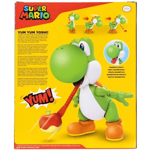 Back of Super Mario Yum Yum Yoshi packaging showing the figure using its extended tongue with the red fruit accessory