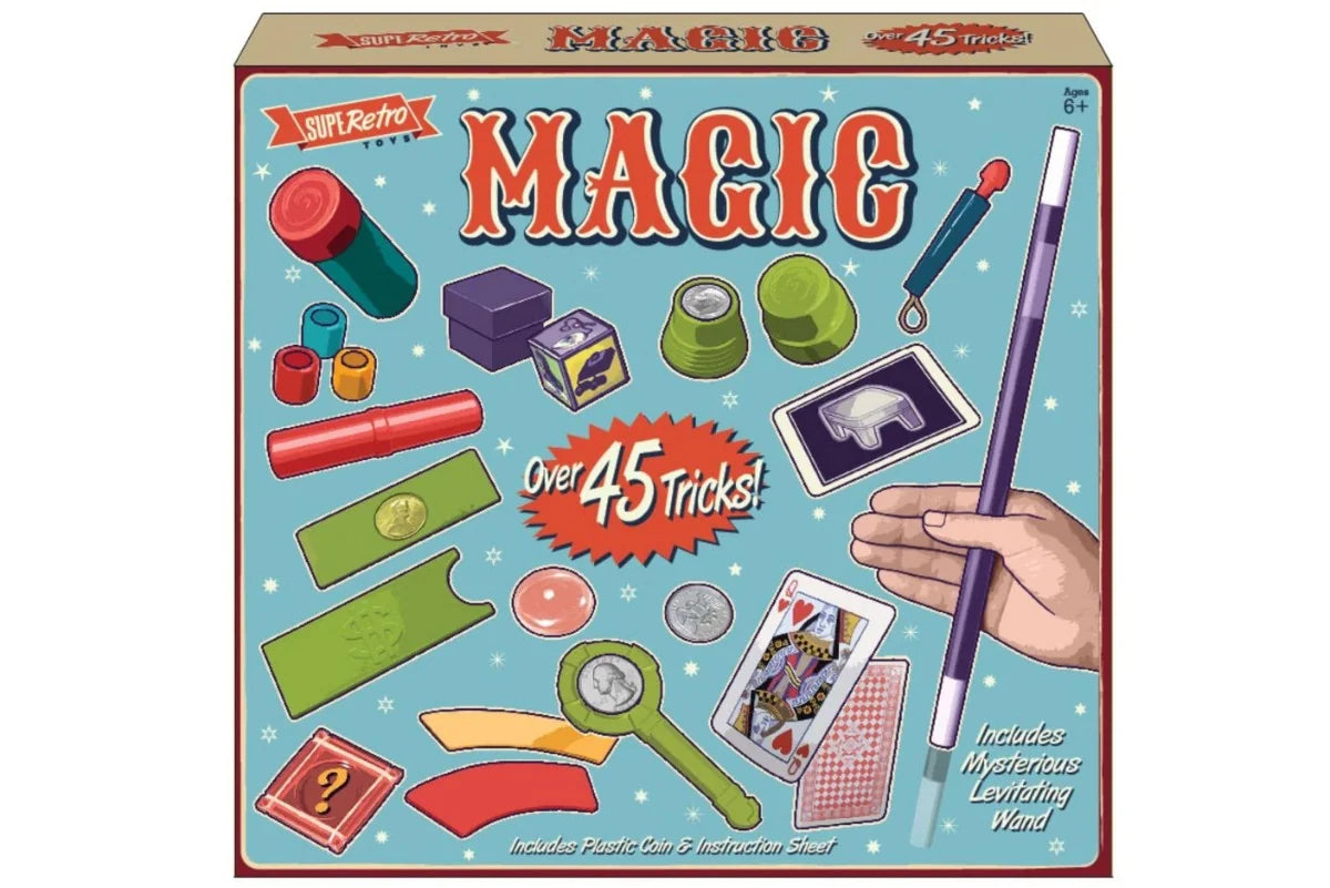 SupeRetro 45 Magic Tricks Box with classic props and vintage design for kids in Ireland