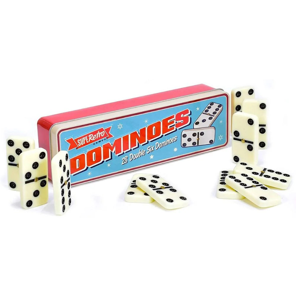 SuperRetro Dominoes set with tin and pieces arranged for play – Ireland