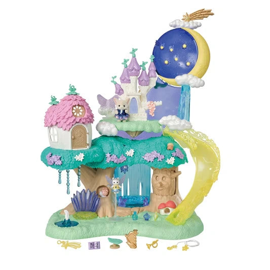 Complete Sylvanian Families Woodland Wonder Fairy Castle on a white background with pink-roofed flower house, purple castle towers, yellow slide, waterfall, figures and miniature accessories.