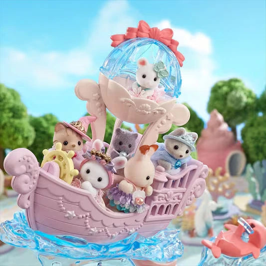 Pink Sylvanian Families ship shown with small animal figures and sea themed accessories