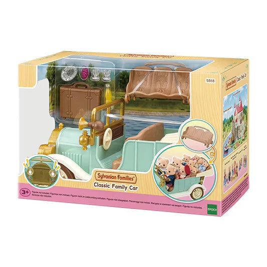 Sylvanian Families Classic Family Car in its original retail packaging, showing the mint green and gold car with accessories.