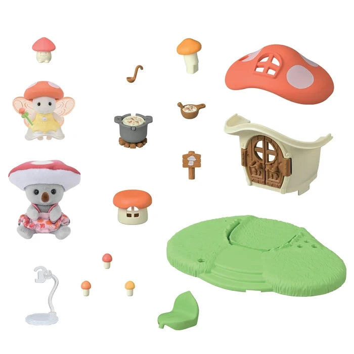 Sylvanian Families Fairy Mushroom House components and accessories displayed separately, including the green base, red mushroom pieces and miniature furnishings.