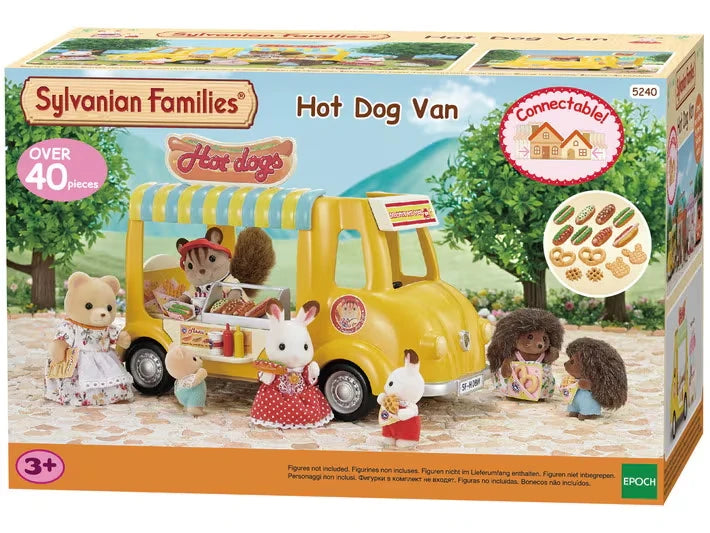 Sylvanian Families Hot Dog Van shown in front packaging with figures and food pieces visible