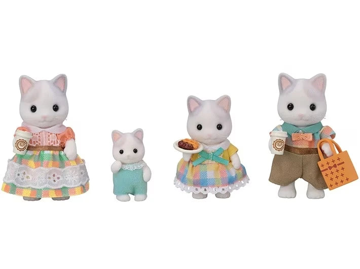 Four Latte Cat figures shown with cups, plate and shopping bag accessories