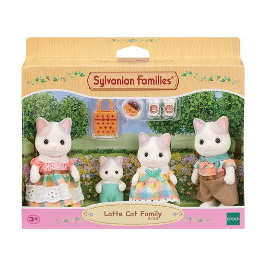 Sylvanian Families Latte Cat Family figures shown in front packaging