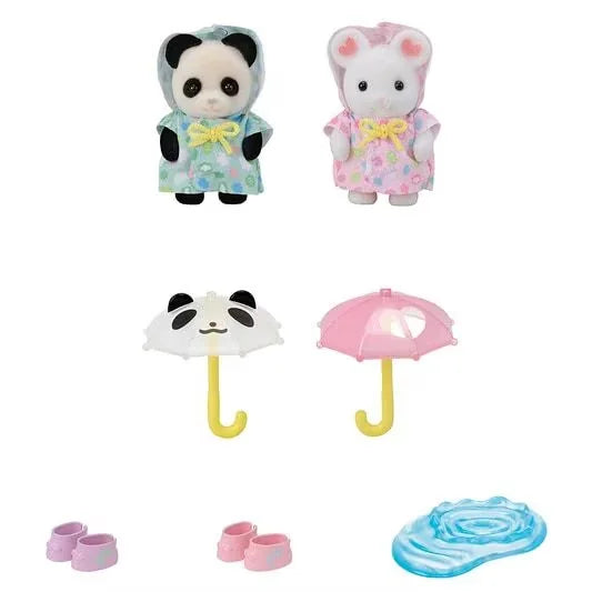 Marshmallow Mouse and Pookie Panda babies in cloud raincoats with umbrellas, boots and puddle accessory in Ireland.