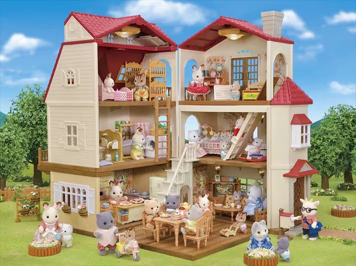 Open Sylvanian Families Red Roof Country Home shown from the front with animal figures and furniture