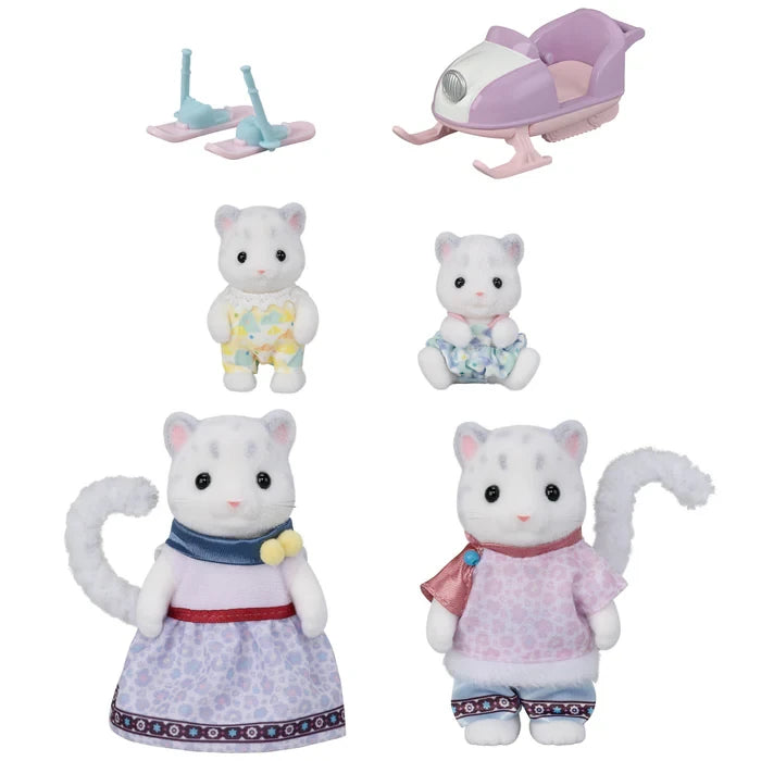 Four Snow Leopard Family figures shown with skis and a baby snowmobile on a white background