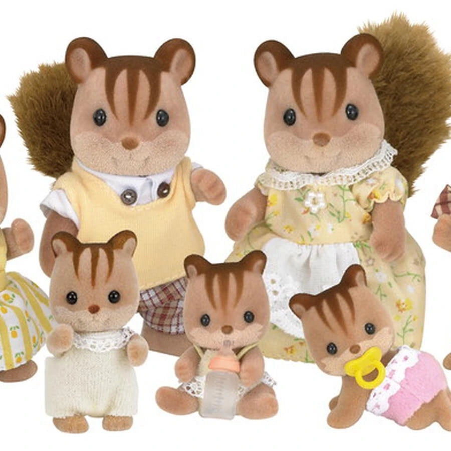 Two larger squirrel figures and three small squirrel figures shown together on a white background