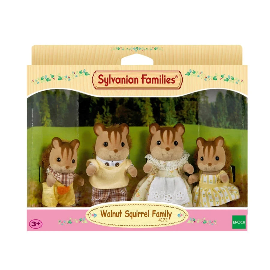 Sylvanian Families Walnut Squirrel Family figures shown in front packaging