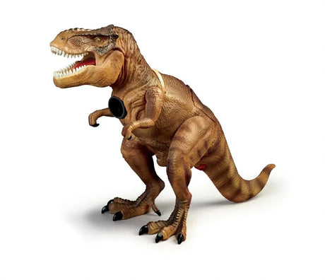 Detailed T-Rex dinosaur toy with built in projector lens on chest and lifelike textured body