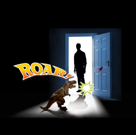 T-Rex projector toy roaring and detecting motion near a doorway with bright light effect