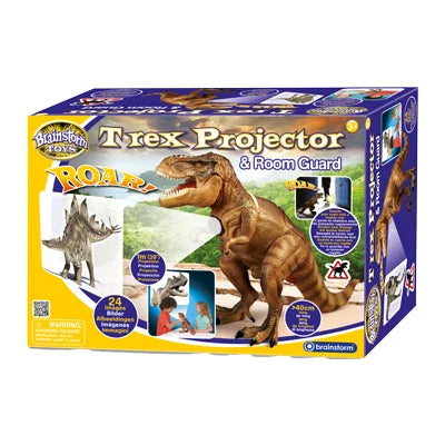 T-Rex Projector and Room Guard packaging box showing dinosaur design and projected image examples