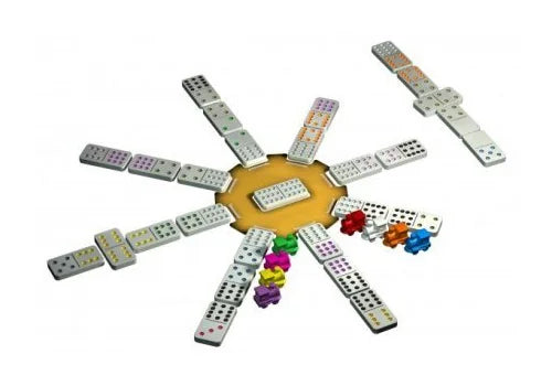 Game layout showing Mexican Train domino play with coloured tiles Ireland