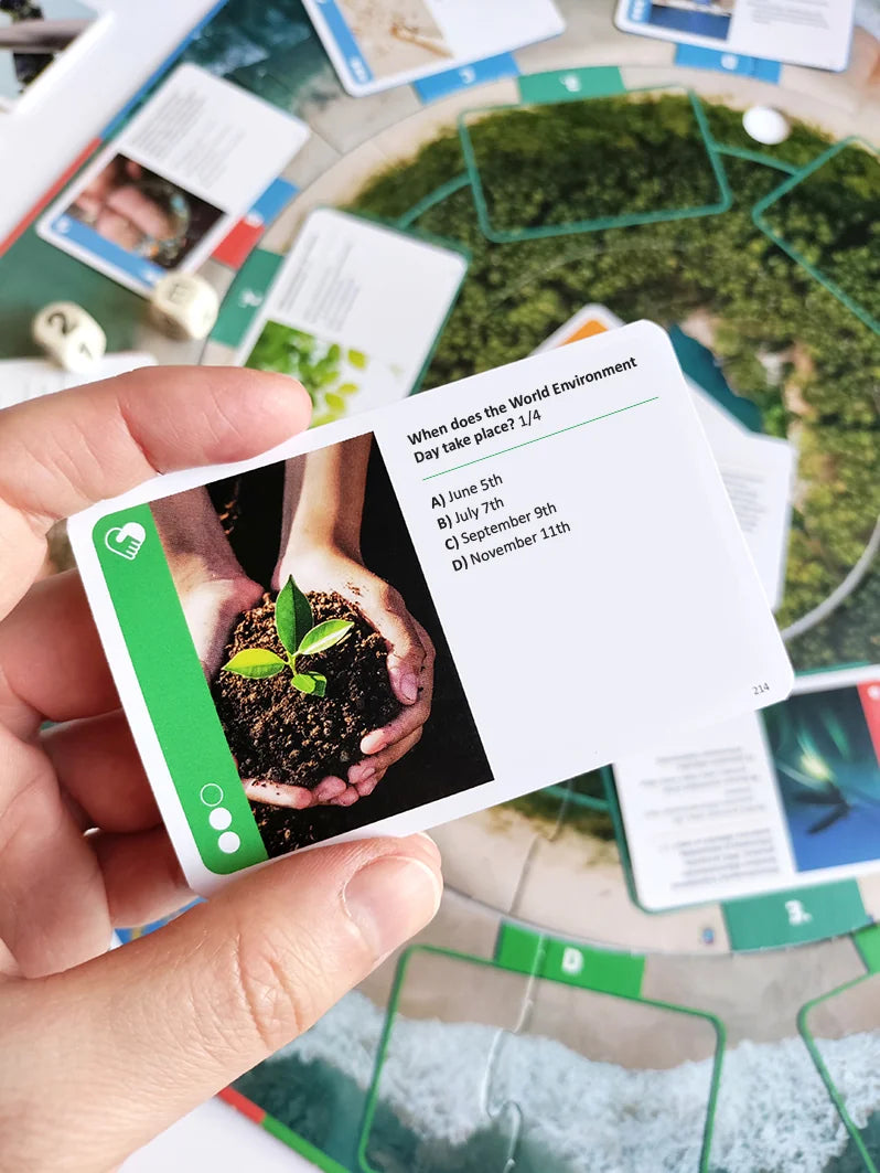 Hand holding Tactic Mother Earth game trivia card close-up Ireland