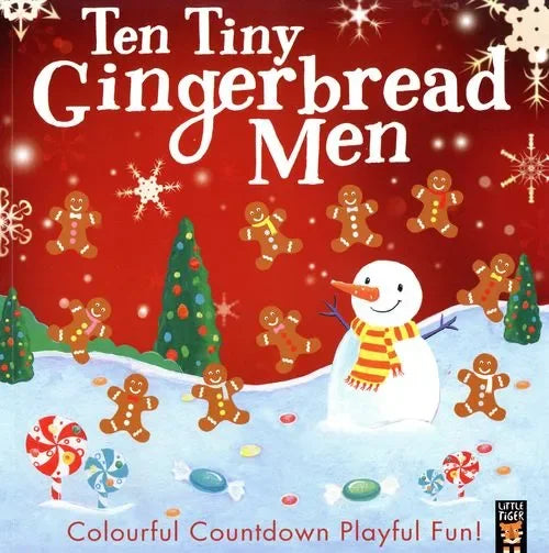 Ten Tiny Gingerbread Men festive storybook cover with gingerbread and snowman scene
