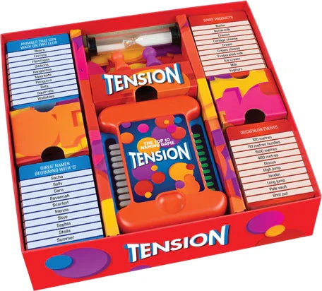 Tension Family Edition board game insert with timer and cards in Ireland