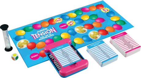 Full Tension Junior Edition game layout with board, cards, timer, and die in Ireland