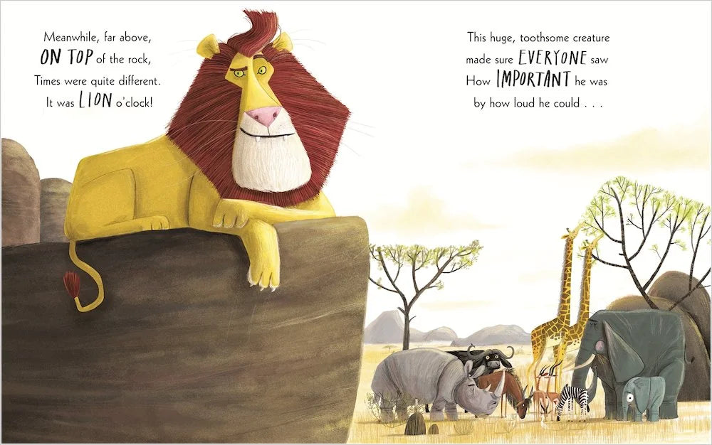 Lion watching animals below in an illustrated scene from The Lion Inside children’s book in Ireland