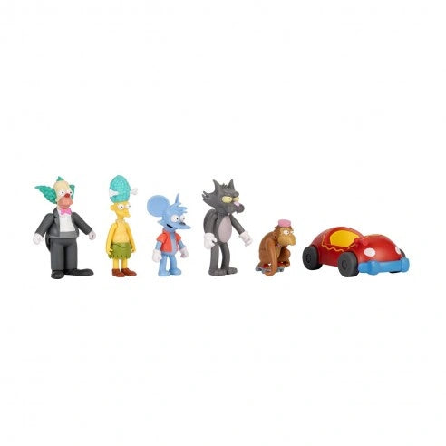 Krusty, Sideshow Mel, Itchy, Scratchy and Mojo figures lined up beside the clown car