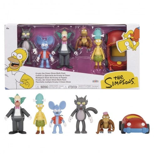 The Simpsons Krusty the Clown Show Multipack in retail packaging with Krusty, Sideshow Mel, Itchy, Scratchy, Mojo and the clown car