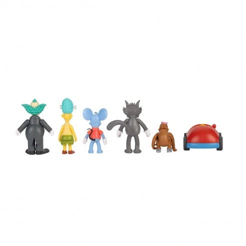 Rear view of the Krusty, Sideshow Mel, Itchy, Scratchy and Mojo figures with the clown car