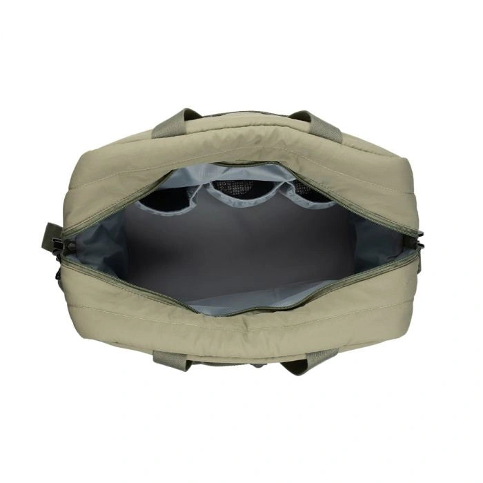 Open Thermobaby Pluméa Cactus Green changing bag showing the grey interior compartments