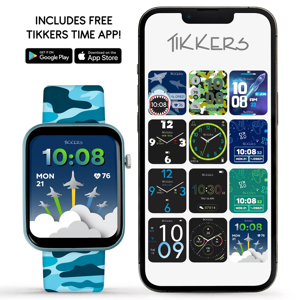 Tikkers blue camouflage smartwatch displayed beside a smartphone showing the Tikkers Time app and twelve different digital and analogue watch face designs.