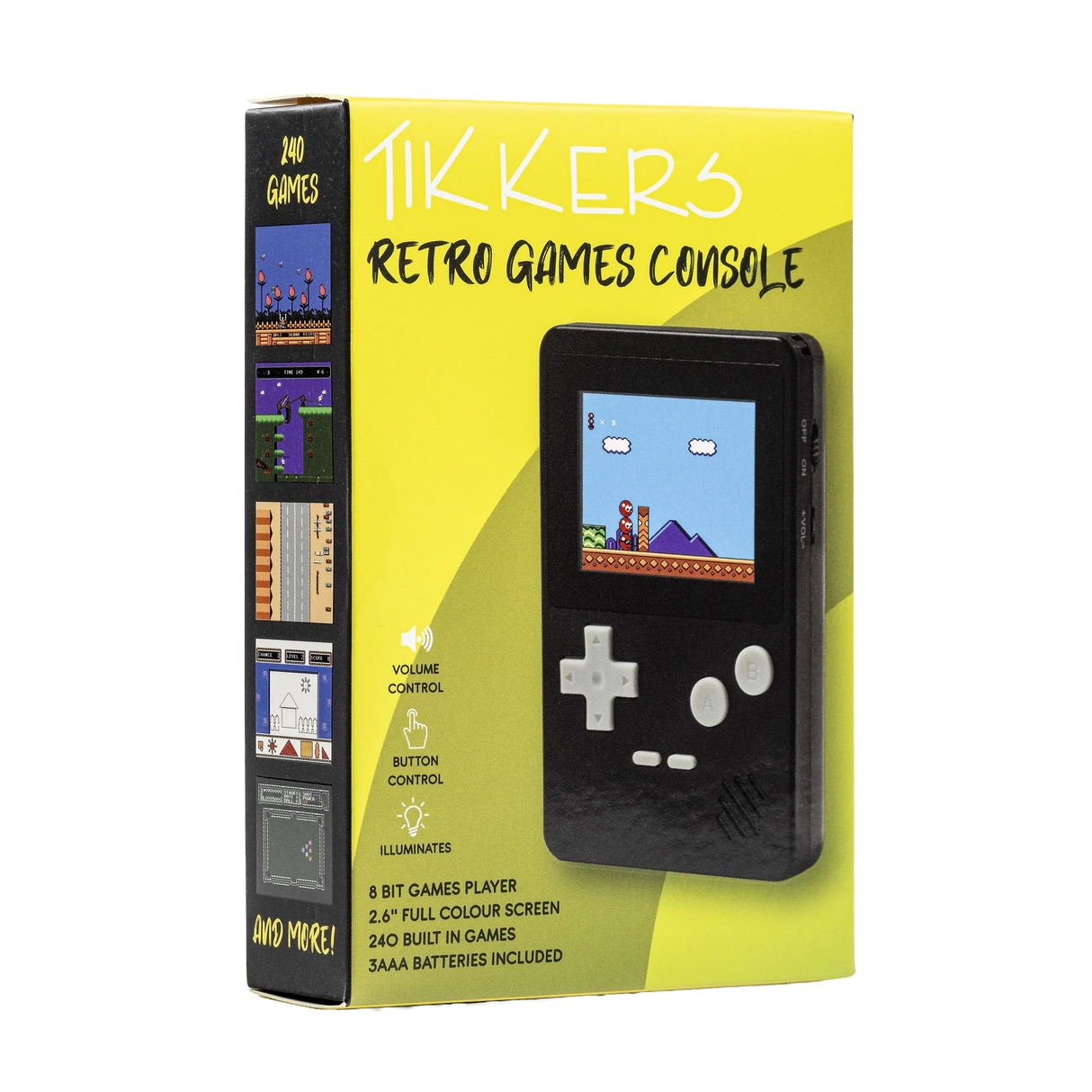 Tikkers Retro Games Console box with black handheld console image and yellow packaging