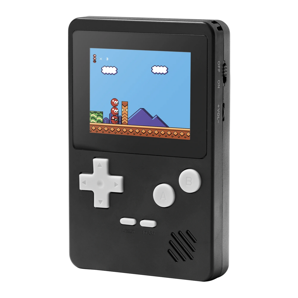 Tikkers Handheld Console in black with white buttons and game screen shown from the front