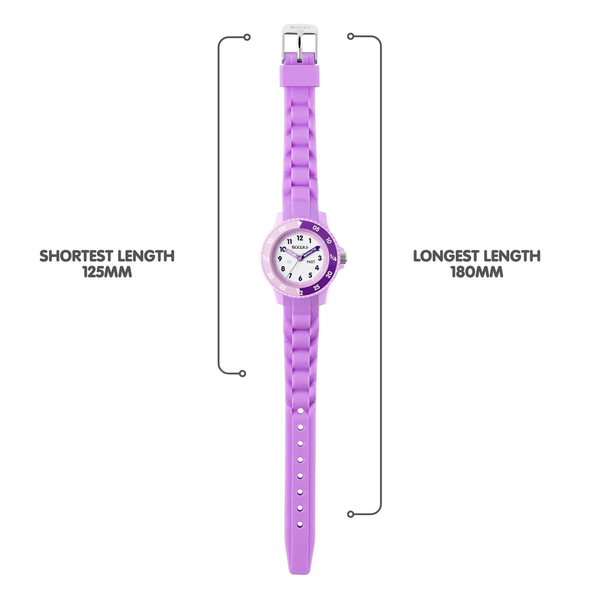 Tikkers Lilac Silicone Time Teacher Watch full strap view showing adjustable fit from 125 mm to 180 mm