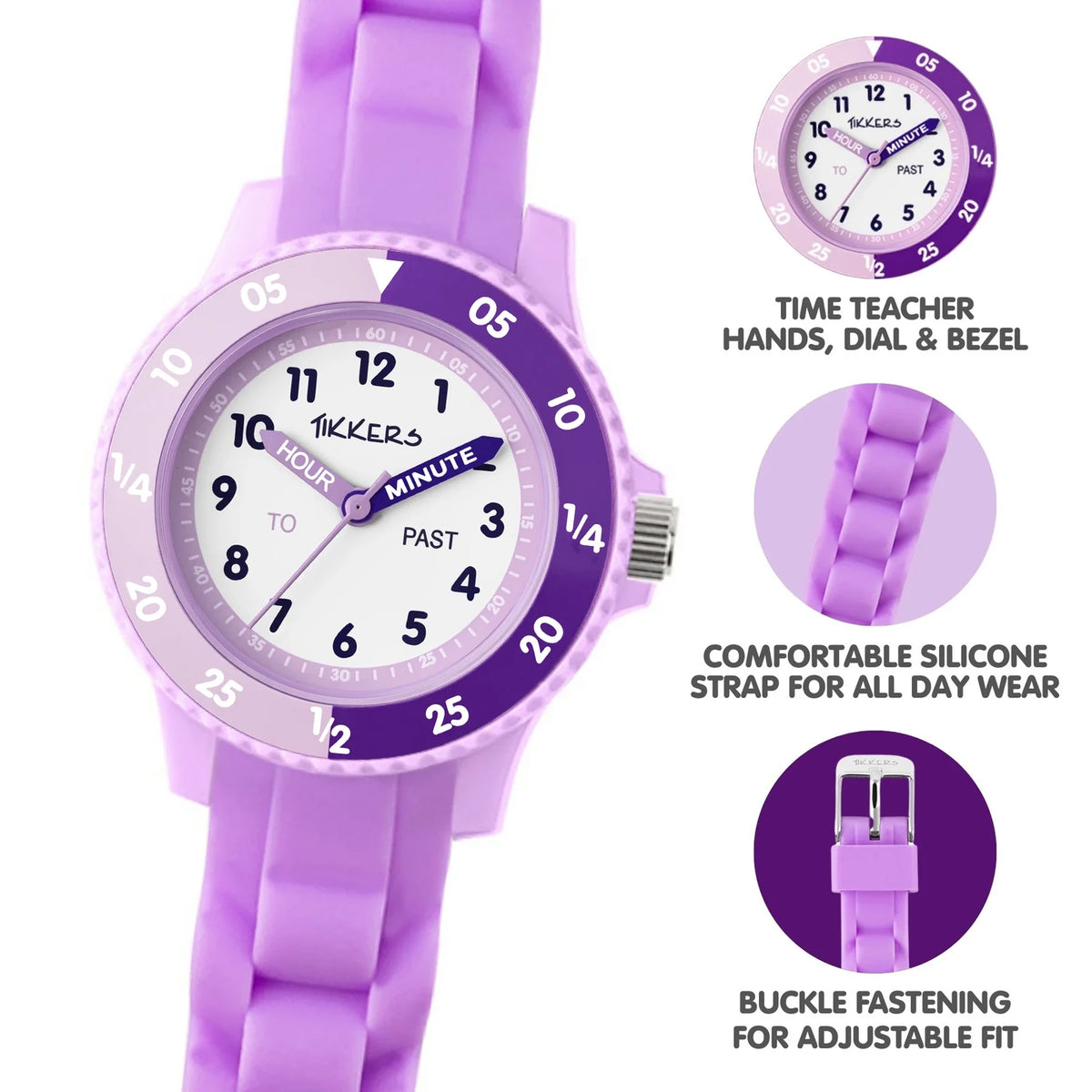 Tikkers Lilac Silicone Time Teacher Watch feature graphic showing time teacher hands, marked dial and bezel, silicone strap and buckle fastening