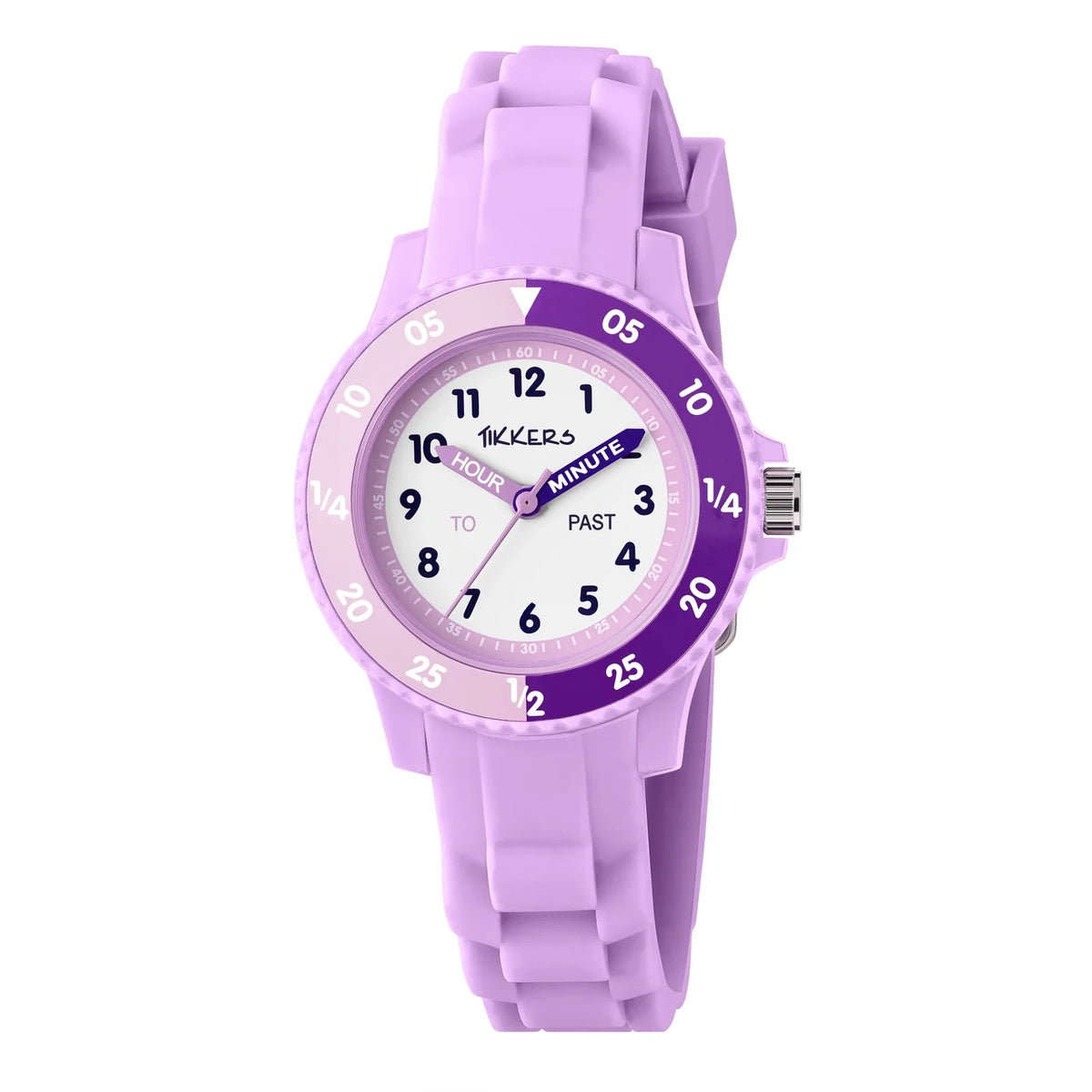 Tikkers Lilac Silicone Time Teacher Watch front view with lilac strap, purple bezel and easy read analogue dial