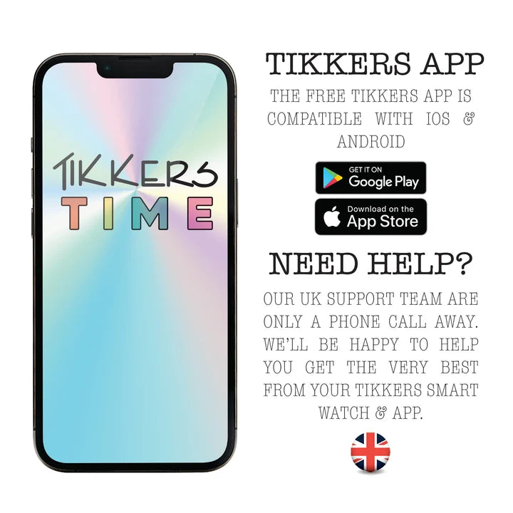 Tikkers Time app compatibility graphic for the Series 13 Navy Riptape Smart Watch showing iOS and Android support