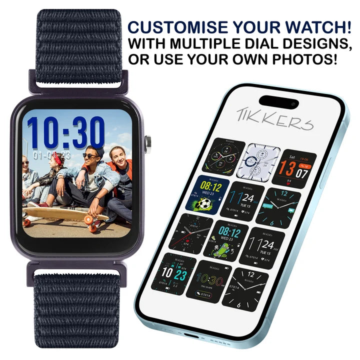 Tikkers Series 13 Navy Riptape Smart Watch beside Tikkers Time app showing multiple watch face designs and photo customisation
