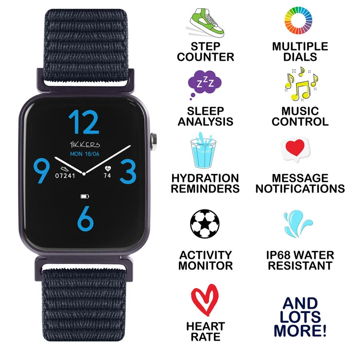 Tikkers Series 13 Navy Riptape Smart Watch feature graphic showing step counter, sleep analysis, hydration reminders, activity monitoring, heart rate, music control, message notifications and IP68 water resistance