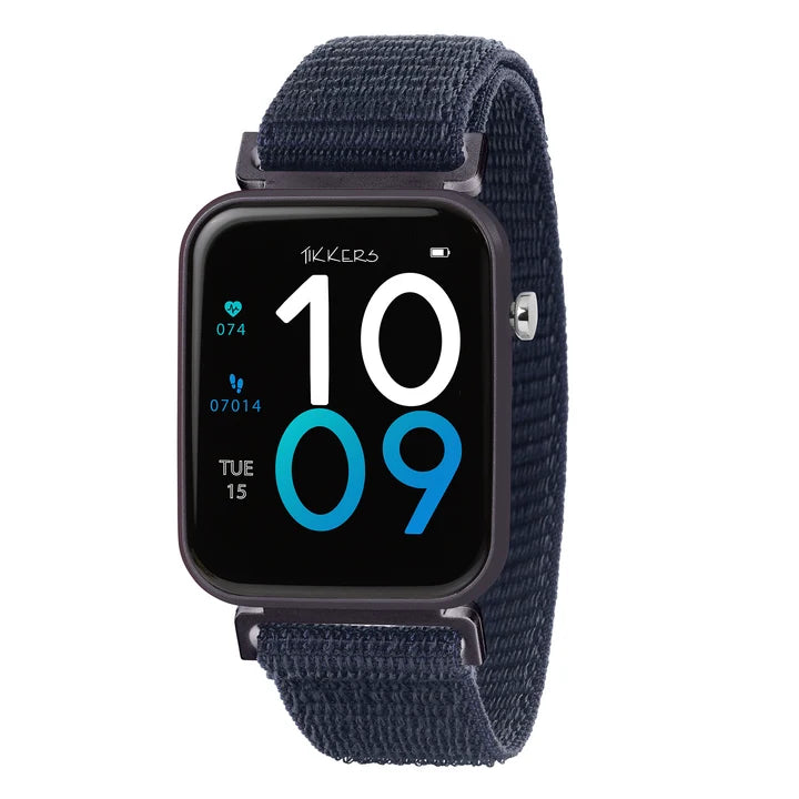 Tikkers Series 13 Navy Riptape Smart Watch front view with navy fabric strap, colour touchscreen and digital watch face