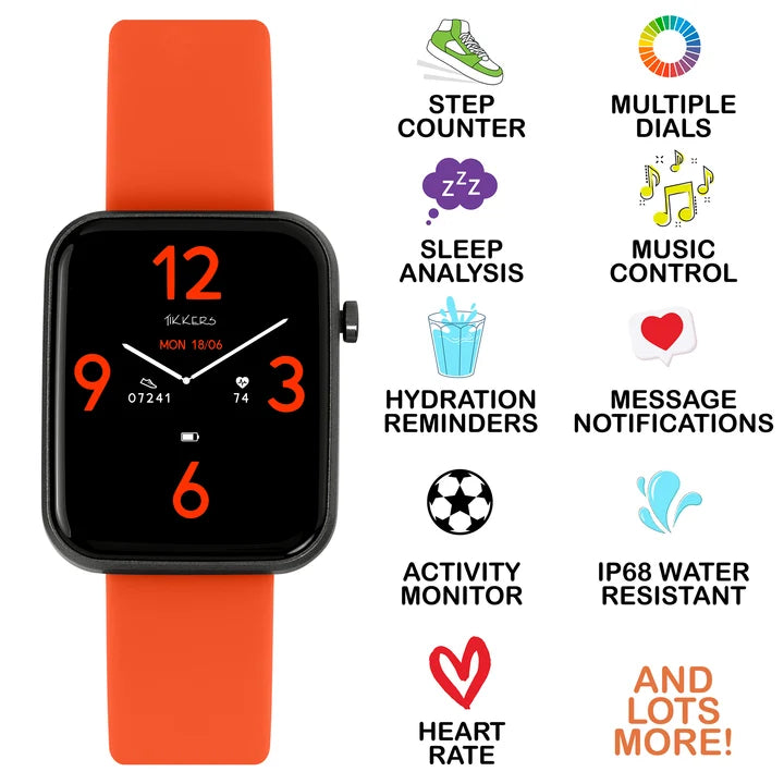 Tikkers Series 13 Orange Silicone Smart Watch feature graphic showing step counter, sleep analysis, hydration reminders, activity monitor, heart rate, music control, message notifications and IP68 water resistance