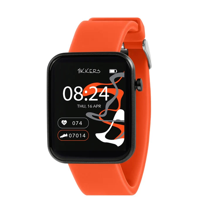 Tikkers Series 13 Orange Silicone Smart Watch front view with orange strap, black case and colour touchscreen