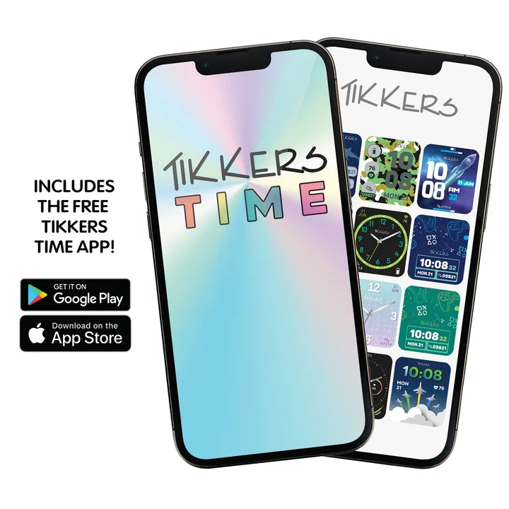 Tikkers Time app compatibility graphic for the Series 13 Pink Leopard Smart Watch showing iOS and Android support