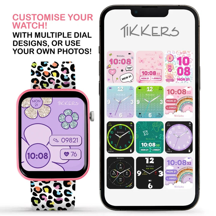 Tikkers Series 13 Pink Leopard Smart Watch beside Tikkers Time app showing multiple watch face designs and photo customisation