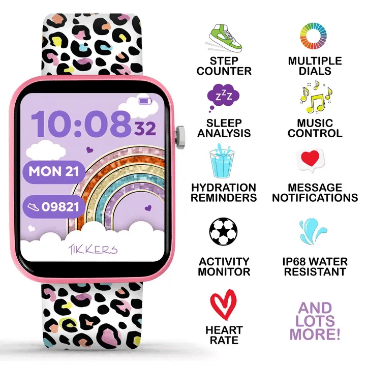 Tikkers Series 13 Pink Leopard Smart Watch feature graphic showing step counter, sleep analysis, hydration reminders, activity monitor, heart rate, music control, message notifications and IP68 water resistance